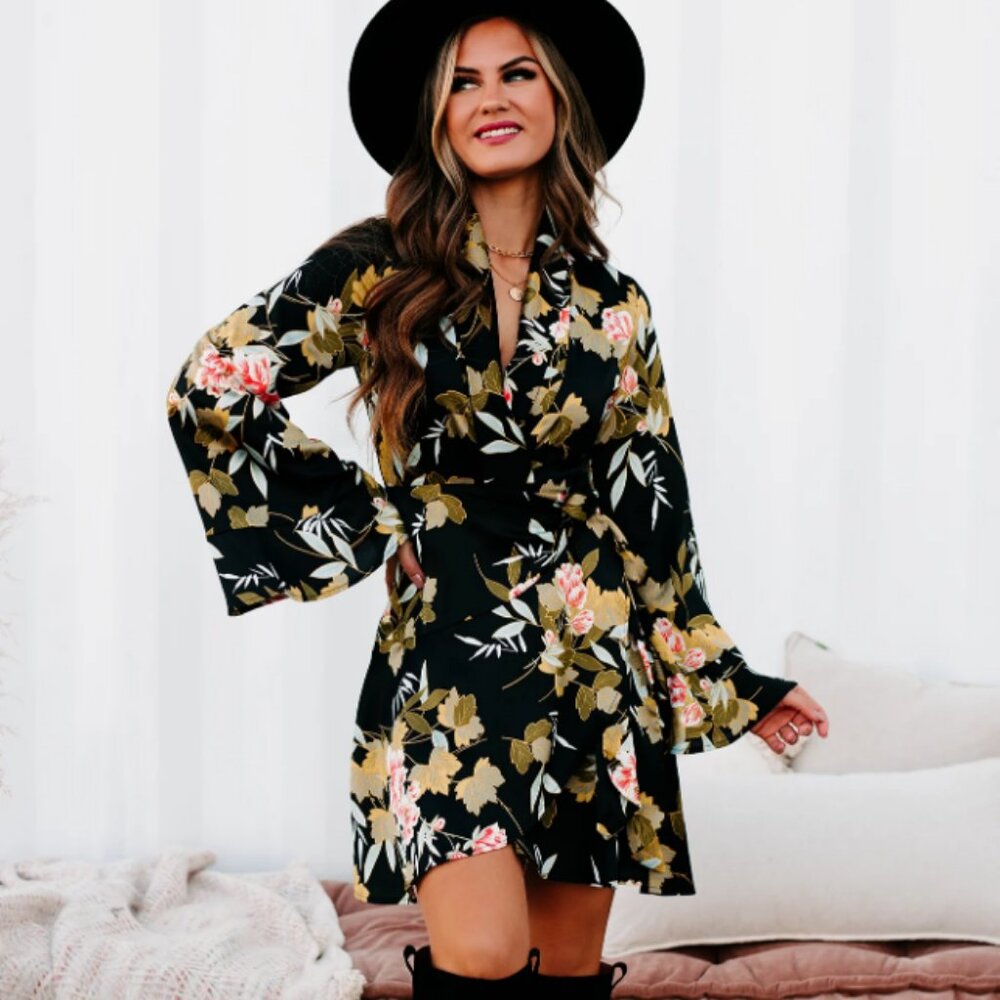 NanaMacs Black Floral Wrap Mini Dress Boho Bell Sleeve Ruffle Size L
